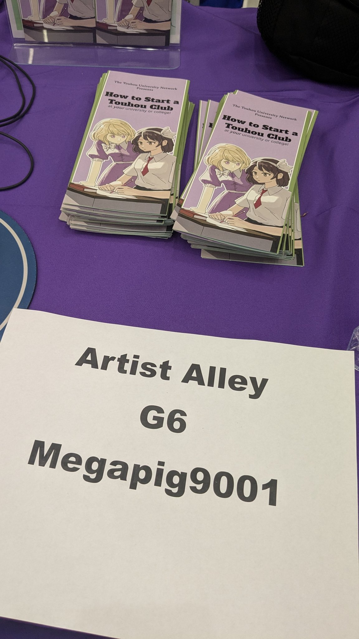 Photo of pamphlets piled up on a table in an artist alley.